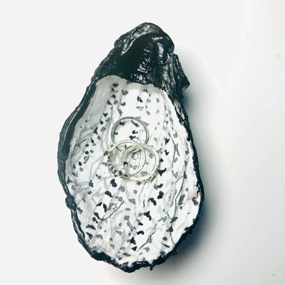 Handmade oyster shell ring dish with snowey berch tree decoupage design